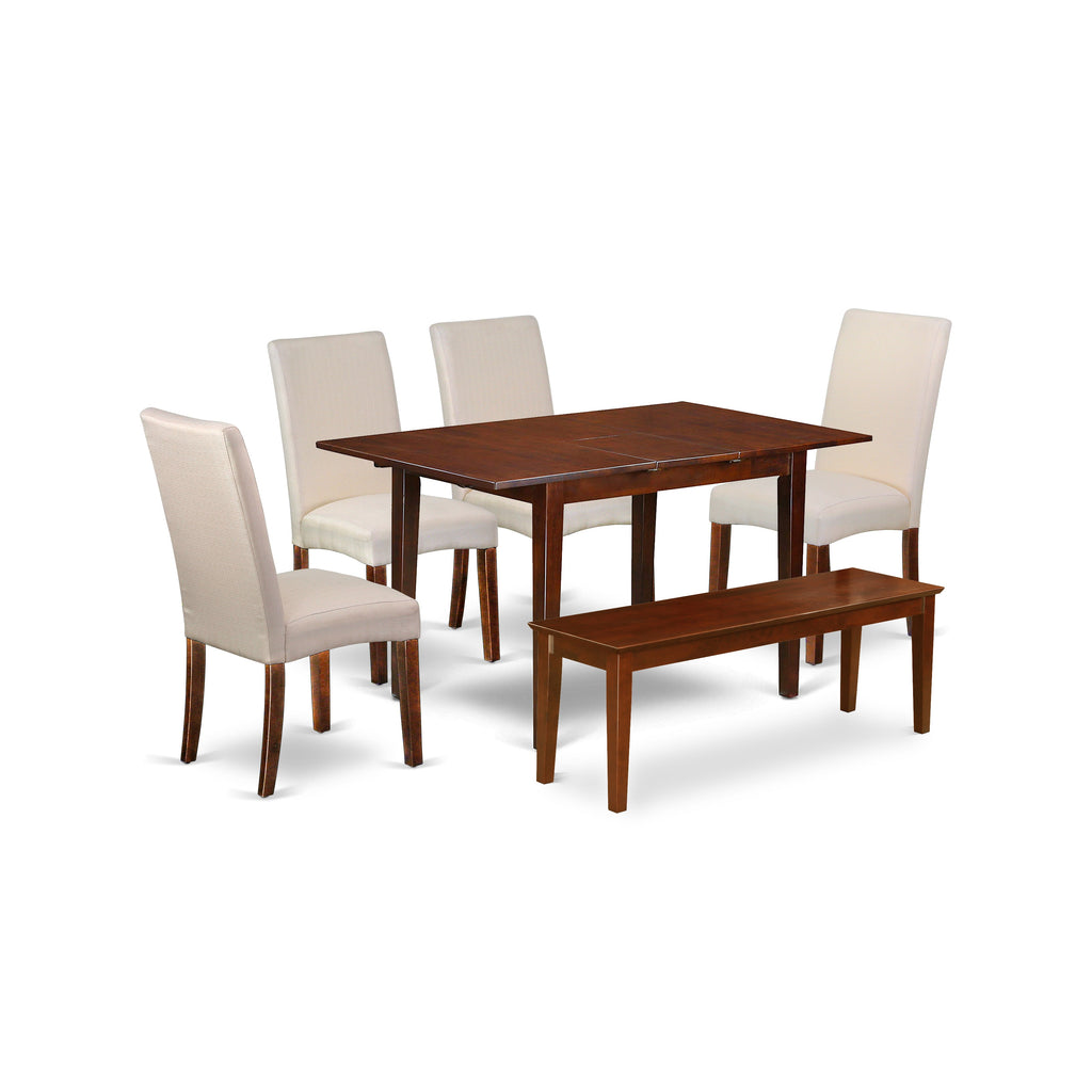 East West Furniture PSDR6C-MAH-01 6 Piece Dining Table Set Contains a Rectangle Kitchen Table with Butterfly Leaf and 4 Cream Linen Fabric Parson Chairs with a Bench, 32x60 Inch, Mahogany