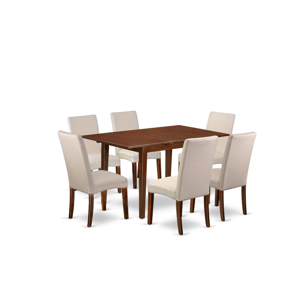 East West Furniture PSDR7-MAH-01 7 Piece Kitchen Table & Chairs Set Consist of a Rectangle Wooden Table with Butterfly Leaf and 6 Cream Linen Fabric Parsons Chairs, 32x60 Inch, Mahogany