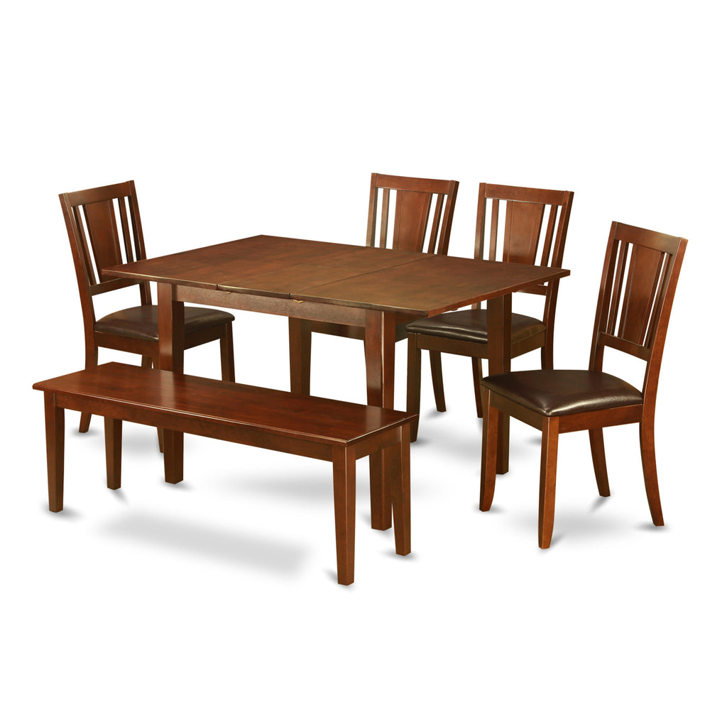 East West Furniture PSDU6D-MAH-LC 6 Piece Dining Table Set Contains a Rectangle Dining Room Table with Butterfly Leaf and 4 Faux Leather Upholstered Chairs with a Bench, 32x60 Inch, Mahogany