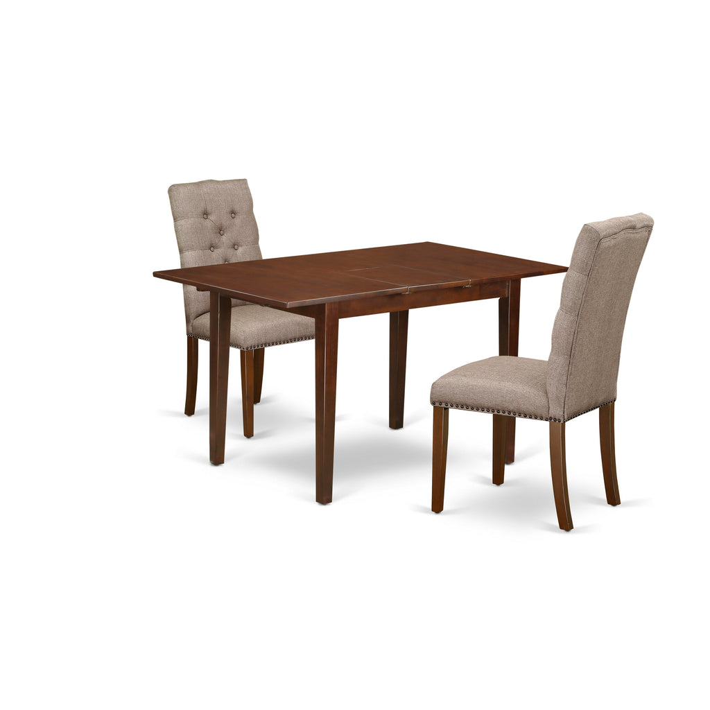 East West Furniture PSEL3-MAH-16 3 Piece Dining Table Set Contains a Rectangle Dining Room Table with Butterfly Leaf and 2 Dark Khaki Linen Fabric Parsons Chairs, 32x60 Inch, Mahogany