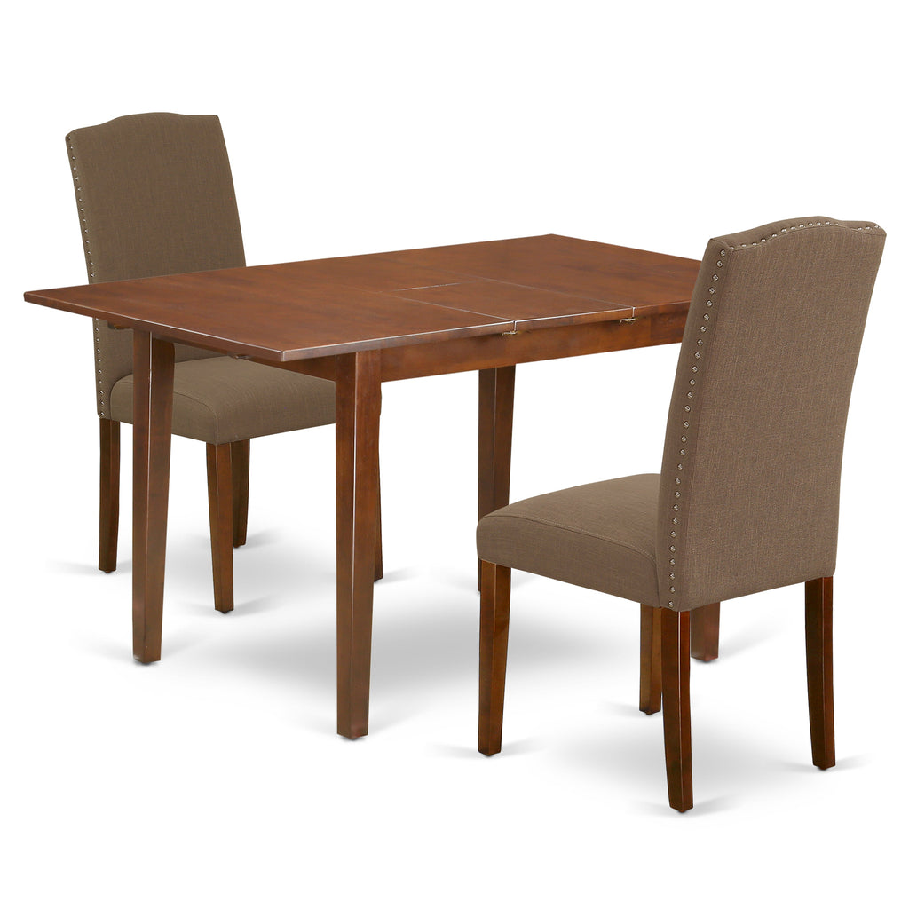 East West Furniture PSEN3-MAH-18 3 Piece Dining Set Contains a Rectangle Dining Room Table with Butterfly Leaf and 2 Dark Coffee Linen Fabric Upholstered Chairs, 32x60 Inch, Mahogany