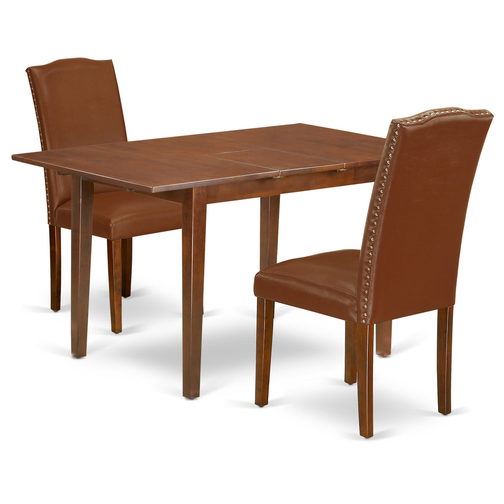 East West Furniture PSEN3-MAH-66 3 Piece Small Dinette Set Contains a Rectangle Butterfly Leaf Dining Table and 2 Brown Faux Faux Leather Upholstered Chairs, 32x60 Inch, Mahogany