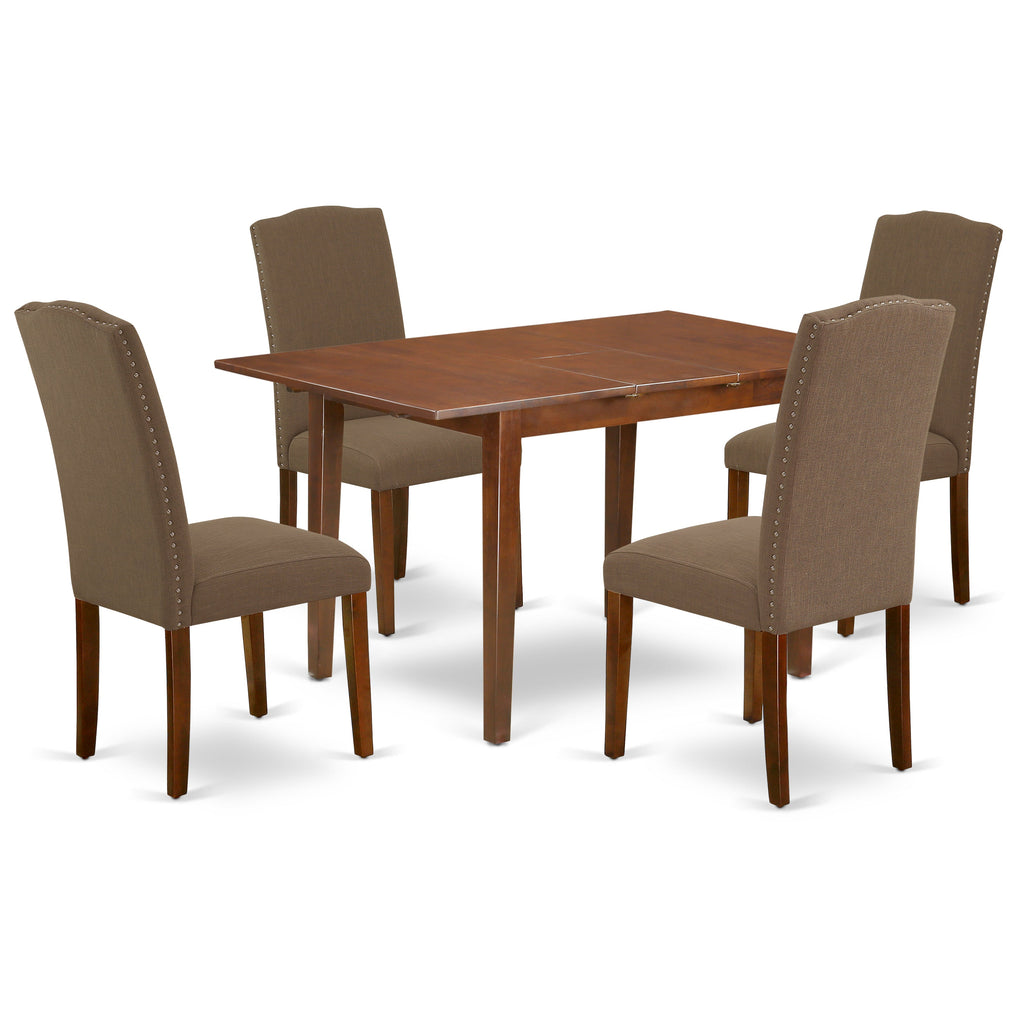 East West Furniture PSEN5-MAH-18 5 Piece Dining Table Set for 4 Includes a Rectangle Kitchen Table with Butterfly Leaf and 4 Dark Coffee Linen Fabric Parsons Chairs, 32x60 Inch, Mahogany