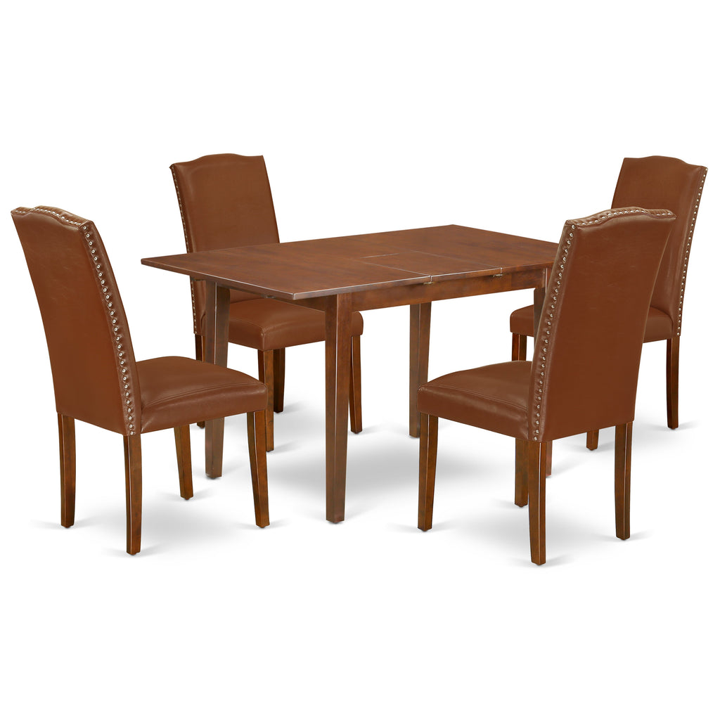 East West Furniture PSEN5-MAH-66 5 Piece Dining Room Table Set Includes a Rectangle Kitchen Table with Butterfly Leaf and 4 Brown Faux Faux Leather Parsons Chairs, 32x60 Inch, Mahogany