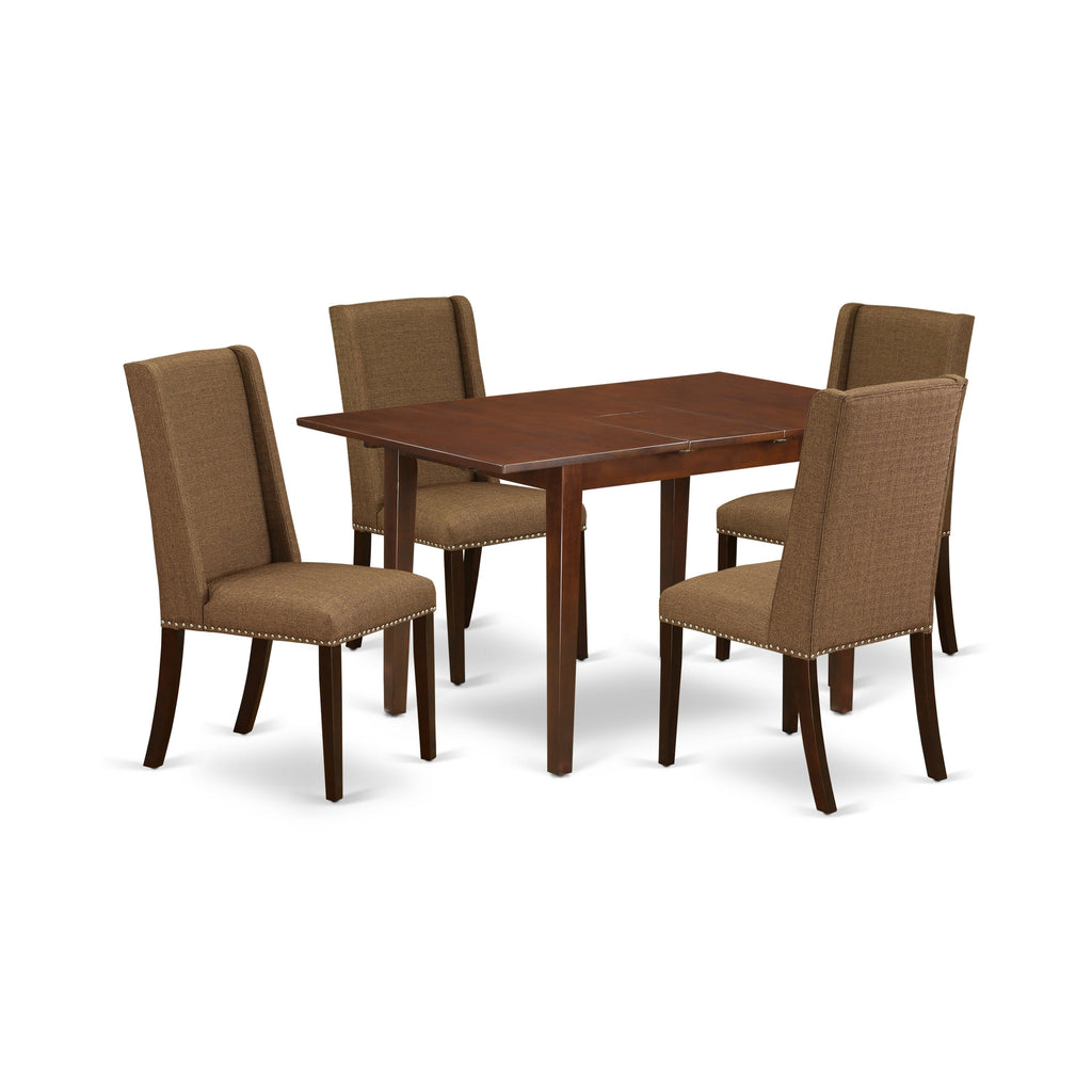 East West Furniture PSFL5-MAH-18 5 Piece Kitchen Table & Chairs Set Includes a Rectangle Butterfly Leaf Dining Table and 4 Brown Linen Linen Fabric Parson Chairs, 32x60 Inch, Mahogany