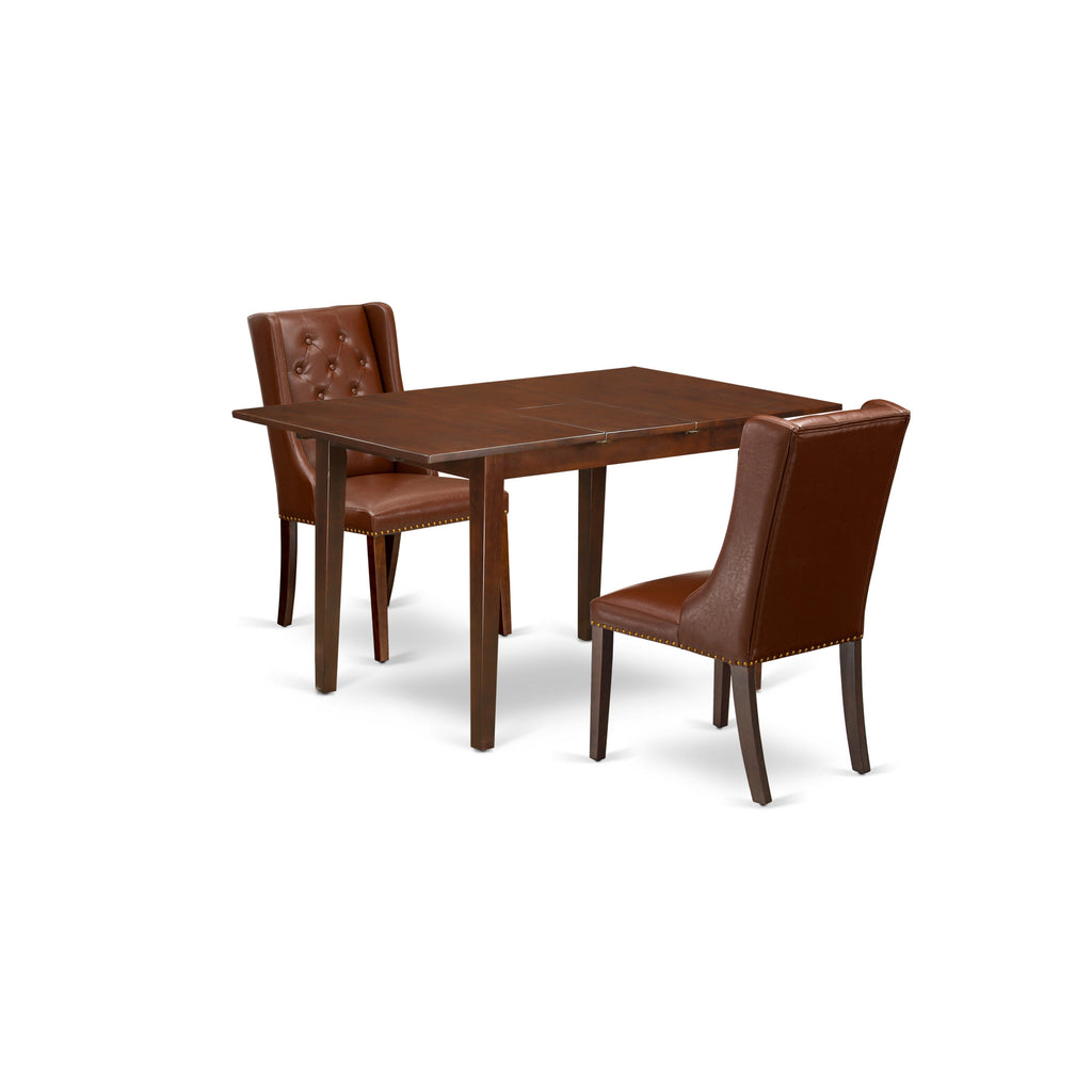 East West Furniture PSFO3-MAH-46 3 Piece Dining Table Set Contains a Rectangle Dinner Table with Butterfly Leaf and 2 Brown Faux Faux Leather Upholstered Chairs, 32x60 Inch, Mahogany