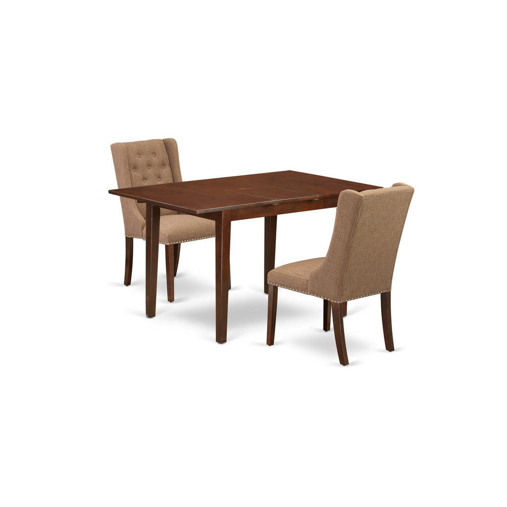 East West Furniture PSFO3-MAH-47 3 Piece Dining Room Table Set Contains a Rectangle Kitchen Table with Butterfly Leaf and 2 Light Sable Linen Fabric Parsons Chairs, 32x60 Inch, Mahogany