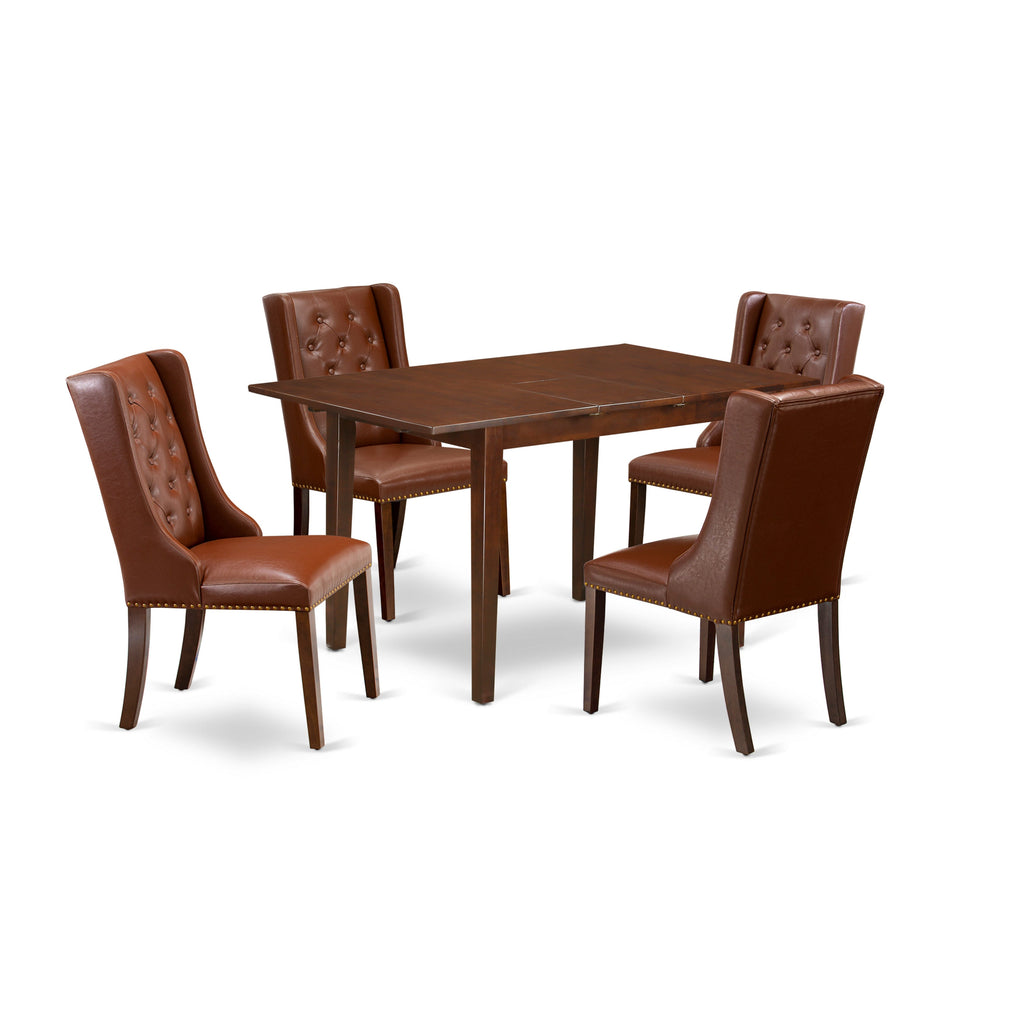 East West Furniture PSFO5-MAH-46 5 Piece Dining Table Set Includes a Rectangle Kitchen Table with Butterfly Leaf and 4 Brown Faux Faux Leather Upholstered Chairs, 32x60 Inch, Mahogany