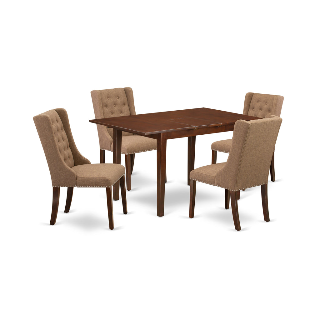 East West Furniture PSFO5-MAH-47 5 Piece Modern Dining Table Set Includes a Rectangle Wooden Table with Butterfly Leaf and 4 Light Sable Linen Fabric Parsons Chairs, 32x60 Inch, Mahogany