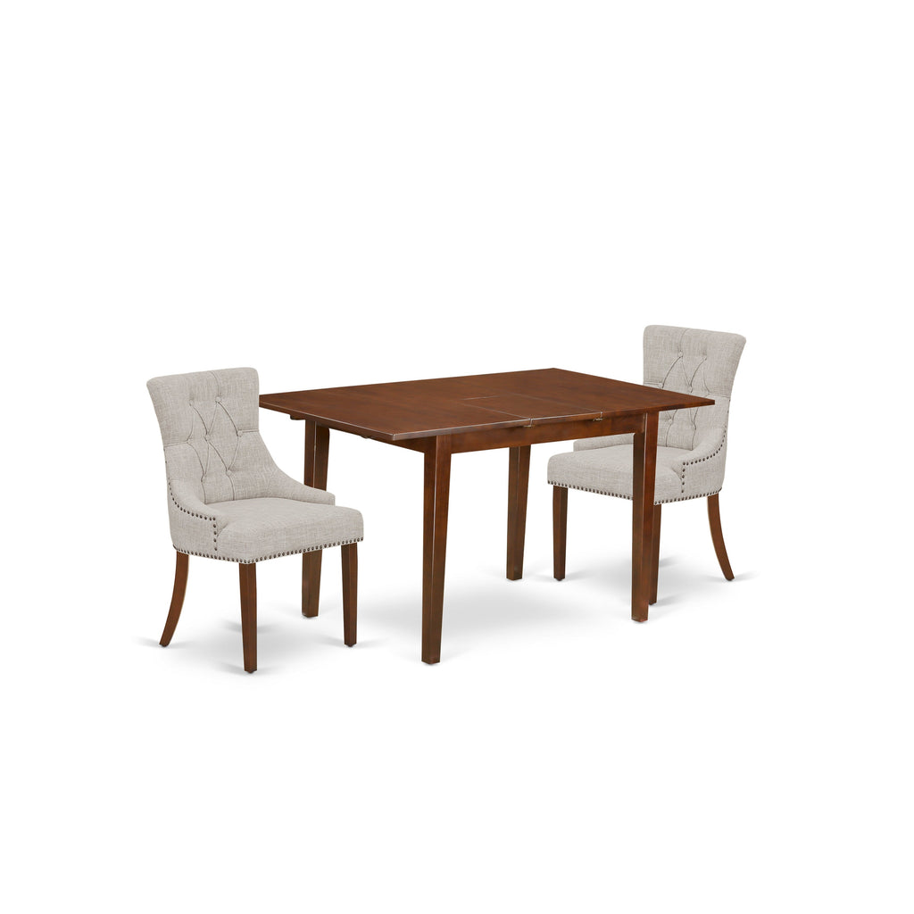 East West Furniture PSFR3-MAH-05 3 Piece Dining Set Contains a Rectangle Dining Room Table with Butterfly Leaf and 2 Doeskin Linen Fabric Upholstered Chairs, 32x60 Inch, Mahogany