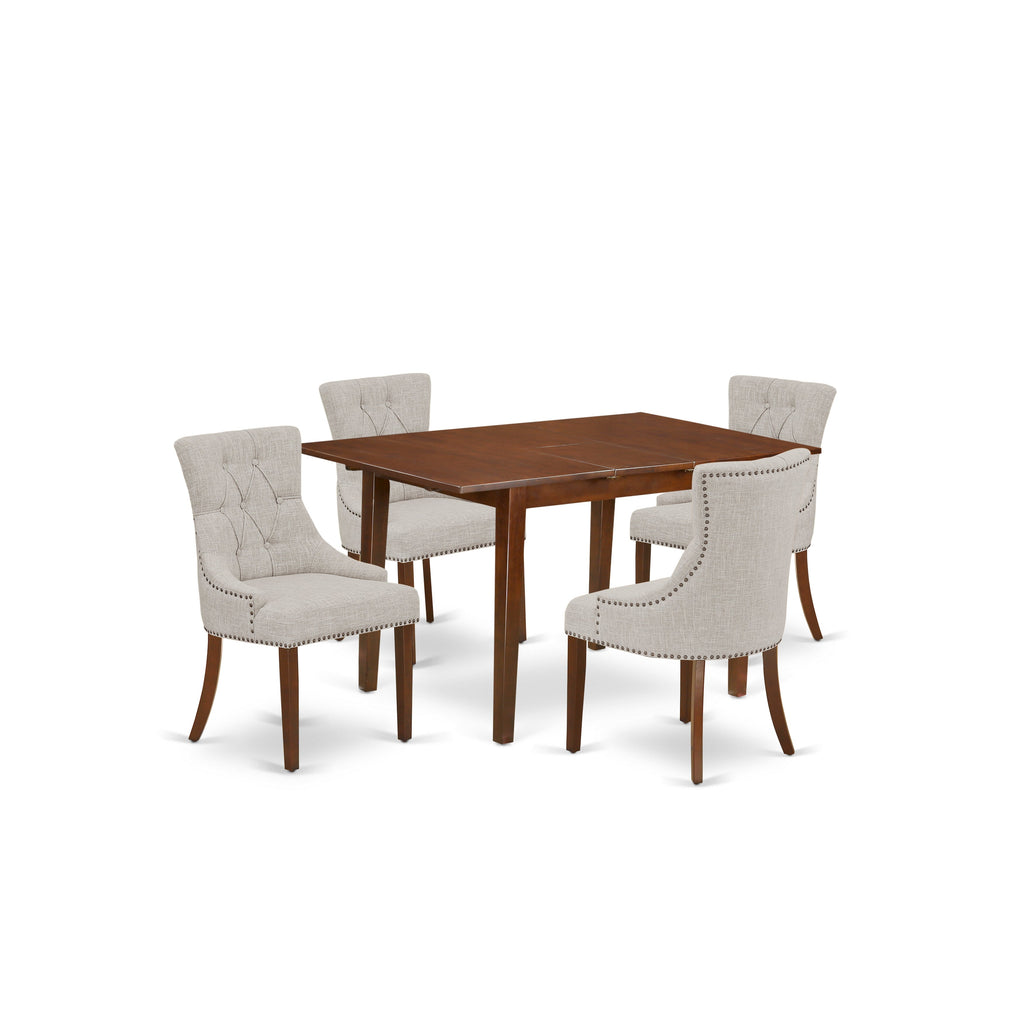 East West Furniture PSFR5-MAH-05 5 Piece Kitchen Table Set for 4 Includes a Rectangle Dining Table with Butterfly Leaf and 4 Doeskin Linen Fabric Parson Chairs, 32x60 Inch, Mahogany
