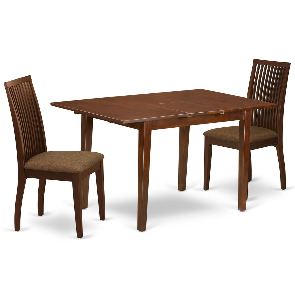 East West Furniture PSIP3-MAH-C 3 Piece Dining Room Table Set Contains a Rectangle Wooden Table with Butterfly Leaf and 2 Linen Fabric Kitchen Dining Chairs, 32x60 Inch, Mahogany
