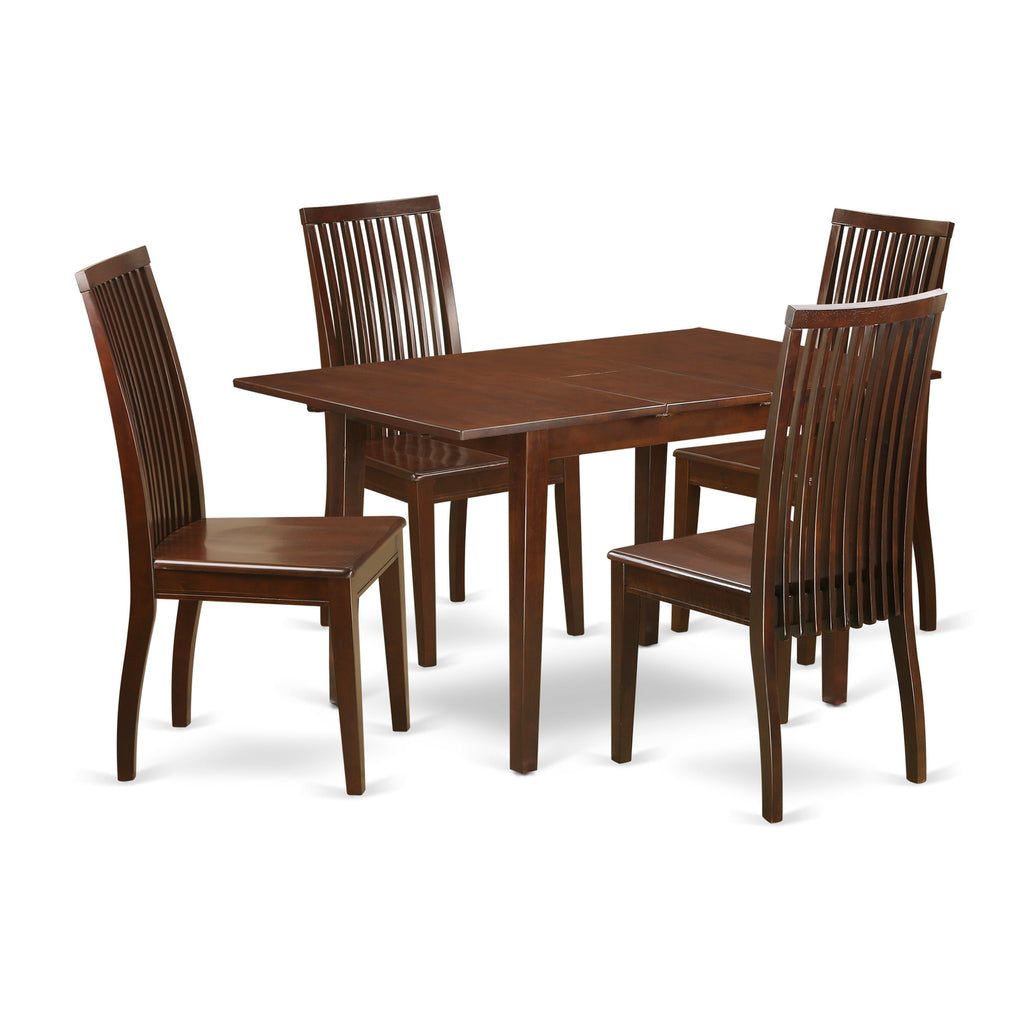 East West Furniture PSIP5-MAH-W 5 Piece Dinette Set for 4 Includes a Rectangle Dining Room Table with Butterfly Leaf and 4 Dining Chairs, 32x60 Inch, Mahogany