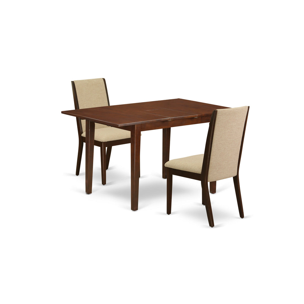East West Furniture PSLA3-MAH-04 3 Piece Dining Room Table Set Contains a Rectangle Wooden Table with Butterfly Leaf and 2 Light Tan Linen Fabric Upholstered Chairs, 32x60 Inch, Mahogany