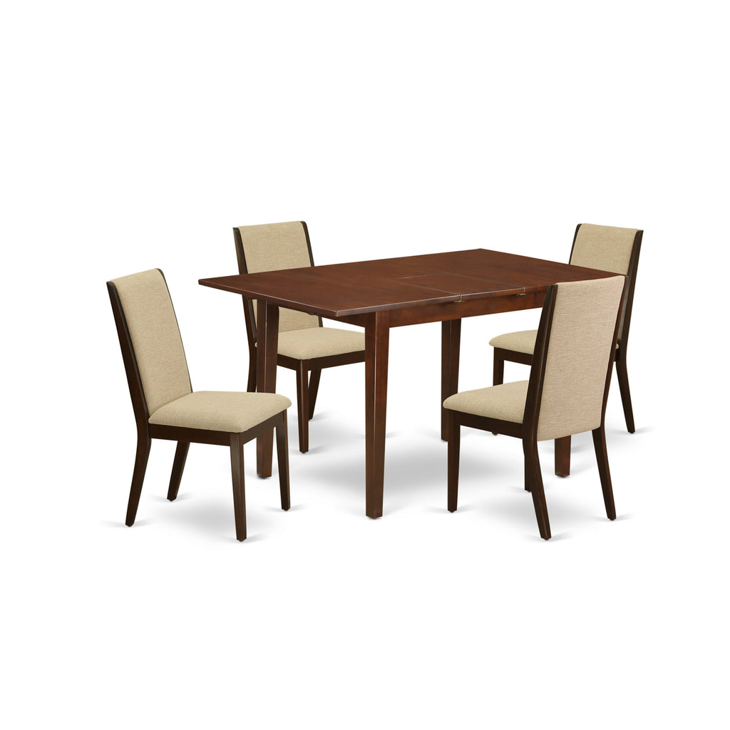 East West Furniture PSLA5-MAH-04 5 Piece Kitchen Table Set for 4 Includes a Rectangle Butterfly Leaf Dining Table and 4 Light Tan Linen Fabric Upholstered Chairs, 32x60 Inch, Mahogany