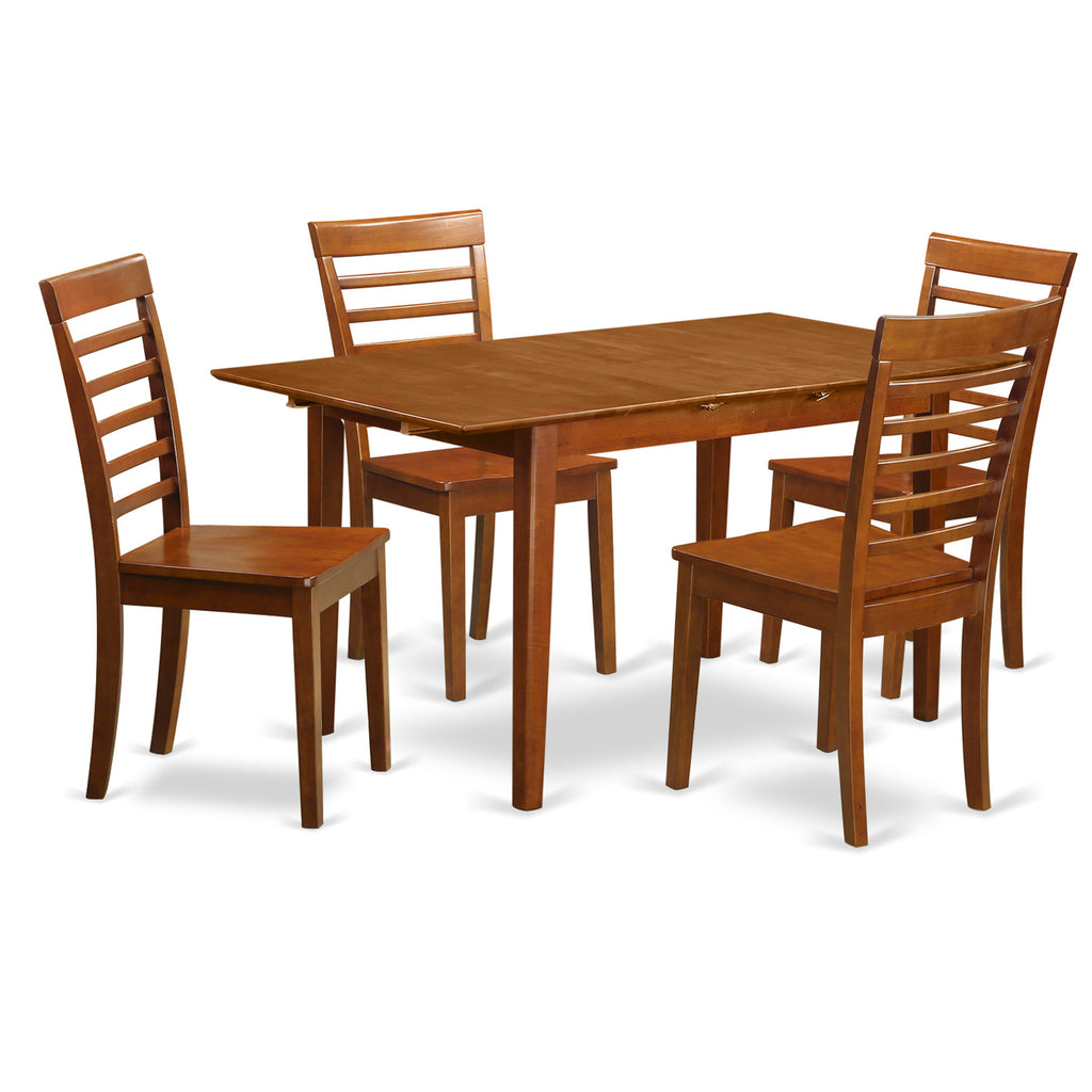 East West Furniture PSML5-SBR-W 5 Piece Dinette Set for 4 Includes a Rectangle Dining Room Table with Butterfly Leaf and 4 Kitchen Dining Chairs, 32x60 Inch, Saddle Brown