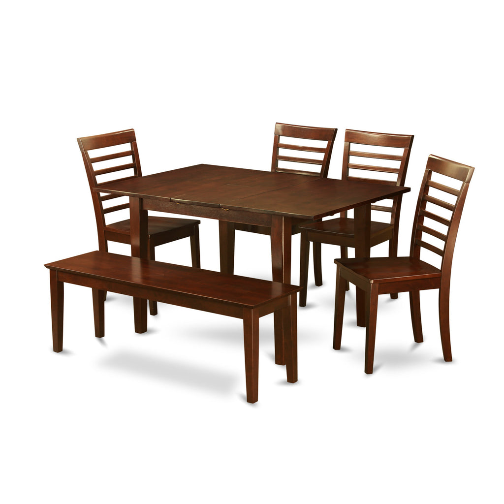 East West Furniture PSML6D-MAH-W 6 Piece Modern Dining Table Set Contains a Rectangle Wooden Table with Butterfly Leaf and 4 Dining Room Chairs with a Bench, 32x60 Inch, Mahogany
