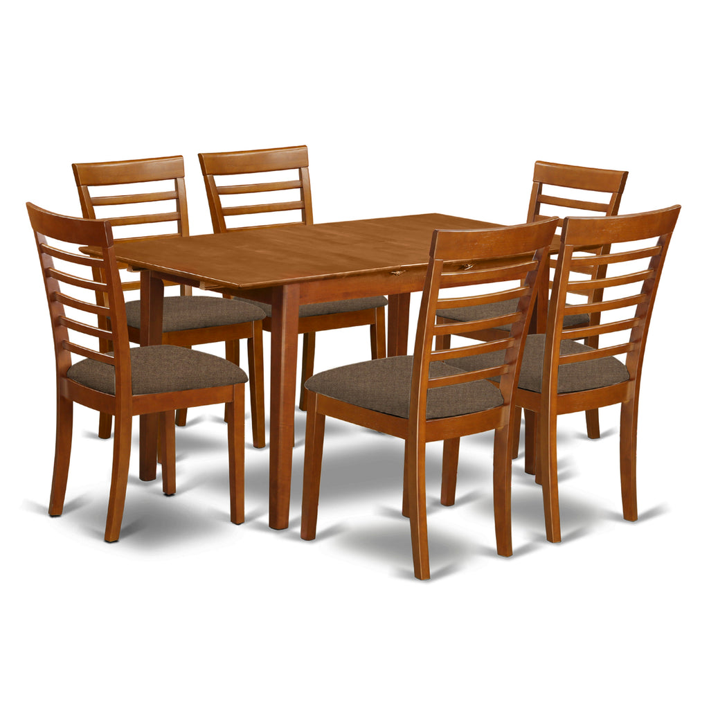 East West Furniture PSML7-SBR-C 7 Piece Modern Dining Table Set Consist of a Rectangle Wooden Table with Butterfly Leaf and 6 Linen Fabric Upholstered Chairs, 32x60 Inch, Saddle Brown