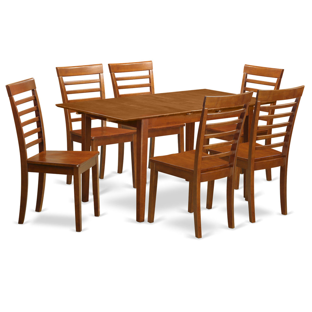 East West Furniture PSML7-SBR-W 7 Piece Dining Table Set Consist of a Rectangle Dining Room Table with Butterfly Leaf and 6 Wood Seat Chairs, 32x60 Inch, Saddle Brown