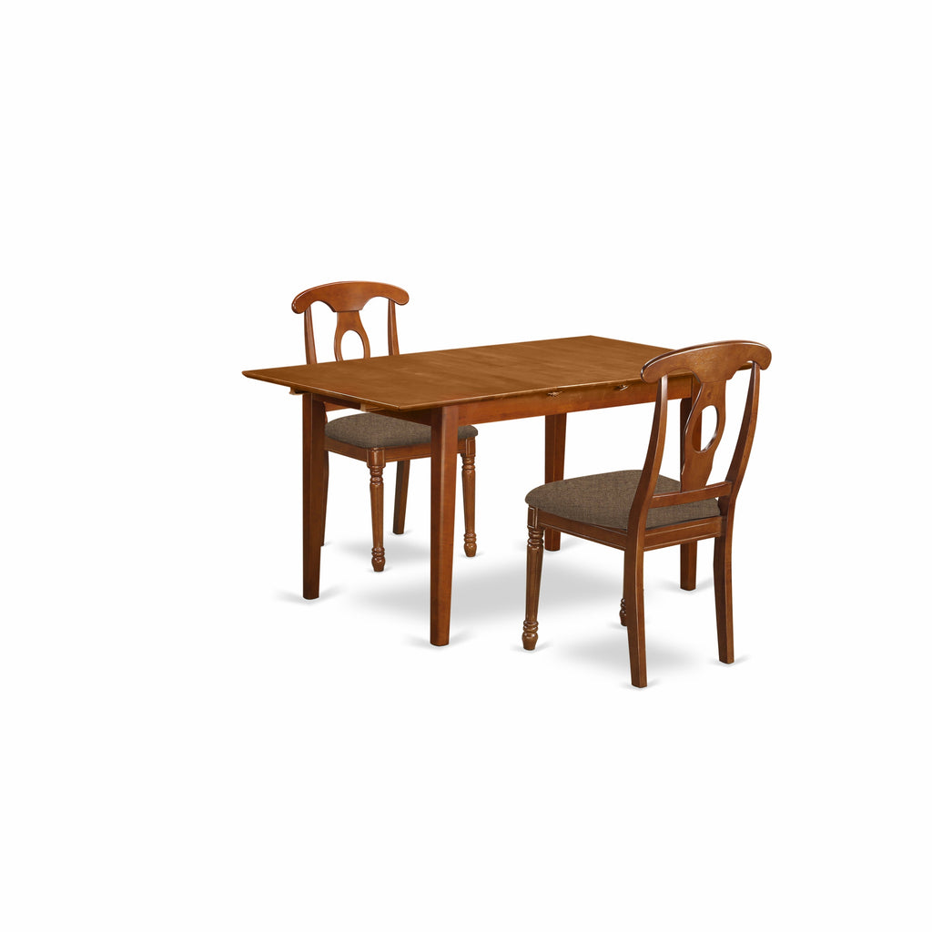East West Furniture PSNA3-SBR-C 3 Piece Kitchen Table Set Contains a Rectangle Dining Room Table with Butterfly Leaf and 2 Linen Fabric Upholstered Dining Chairs, 32x60 Inch, Saddle Brown