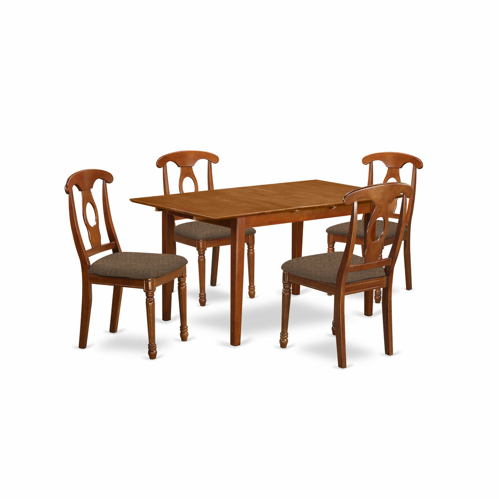 East West Furniture PSNA5-SBR-C 5 Piece Dinette Set for 4 Includes a Rectangle Dining Room Table with Butterfly Leaf and 4 Linen Fabric Kitchen Dining Chairs, 32x60 Inch, Saddle Brown