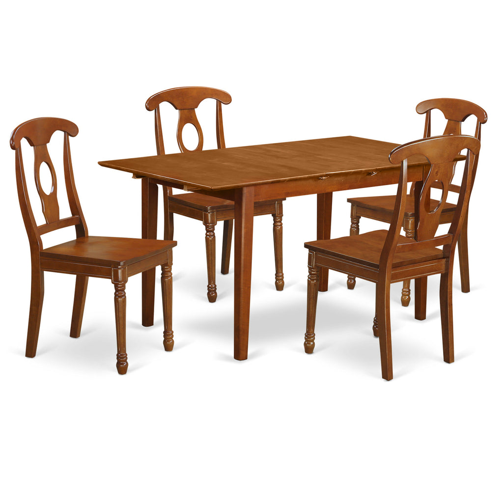 East West Furniture PSNA5-SBR-W 5 Piece Dining Room Furniture Set Includes a Rectangle Kitchen Table with Butterfly Leaf and 4 Dining Chairs, 32x60 Inch, Saddle Brown