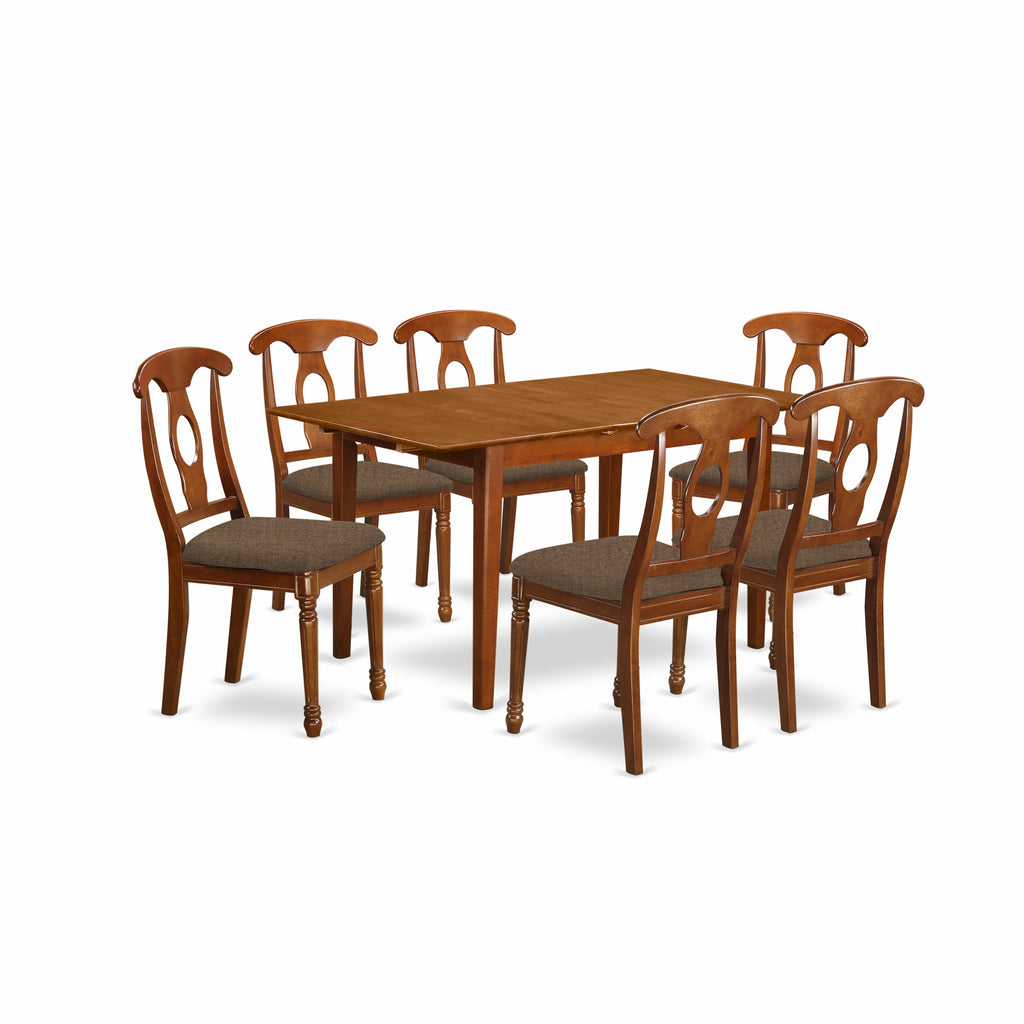 East West Furniture PSNA7-SBR-C 7 Piece Dinette Set Consist of a Rectangle Dining Room Table with Butterfly Leaf and 6 Linen Fabric Upholstered Dining Chairs, 32x60 Inch, Saddle Brown