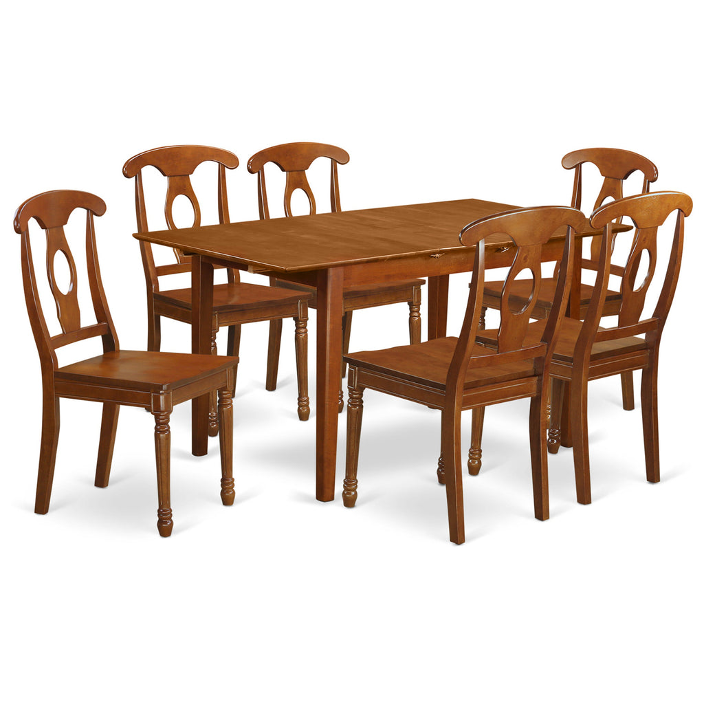 East West Furniture PSNA7-SBR-W 7 Piece Kitchen Table Set Consist of a Rectangle Dining Table with Butterfly Leaf and 6 Dining Chairs, 32x60 Inch, Saddle Brown