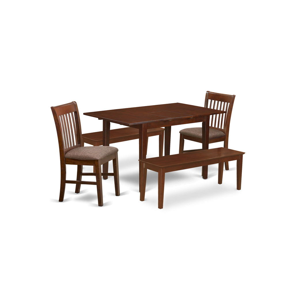 East West Furniture PSNO5C-MAH-C 5 Piece Dinette Set Includes a Rectangle Dining Room Table with Butterfly Leaf and 2 Linen Fabric Dining Chairs with 2 Benches, 32x60 Inch, Mahogany