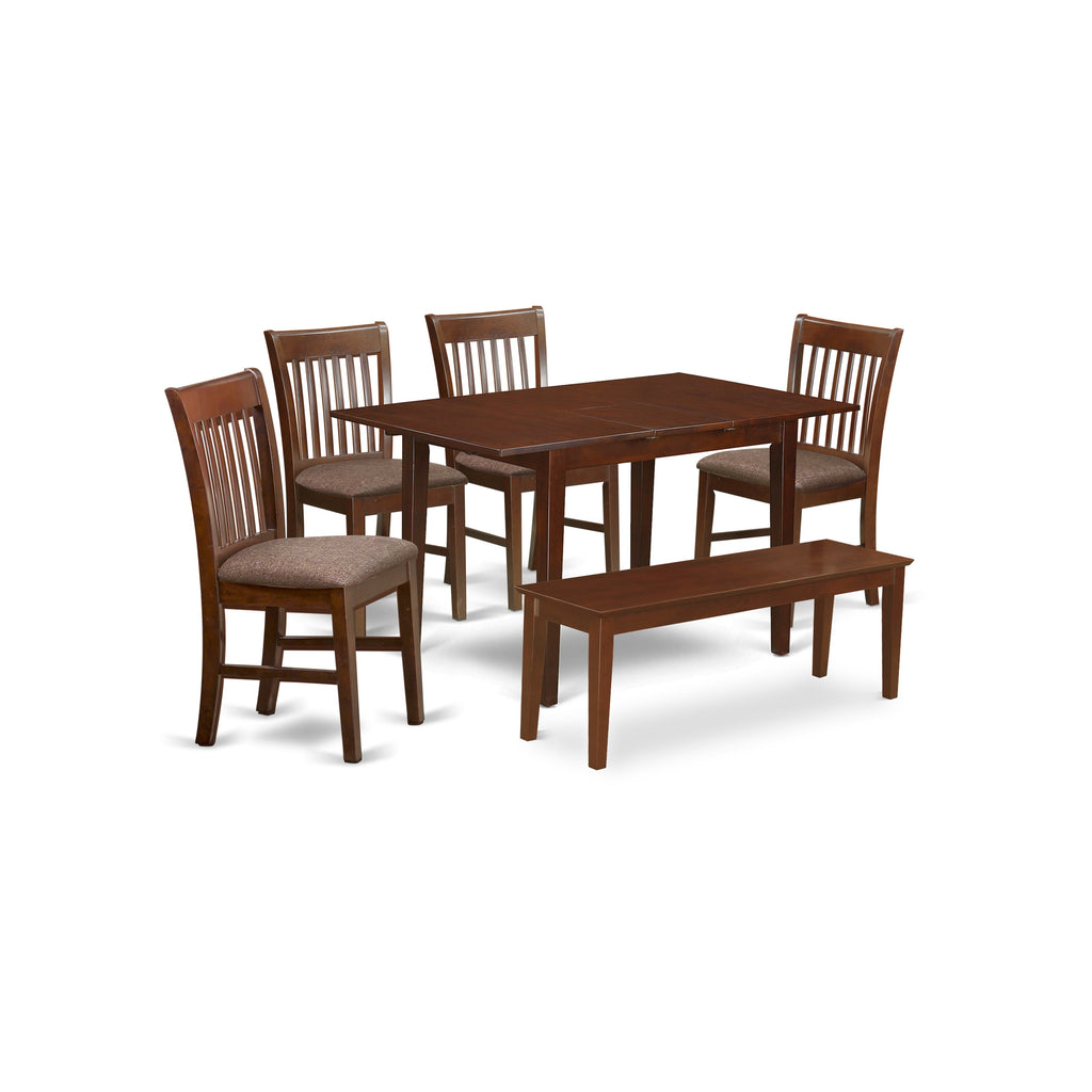 East West Furniture PSNO6C-MAH-C 6 Piece Dining Room Set Contains a Rectangle Kitchen Table with Butterfly Leaf and 4 Linen Fabric Dining Chairs with a Bench, 32x60 Inch, Mahogany