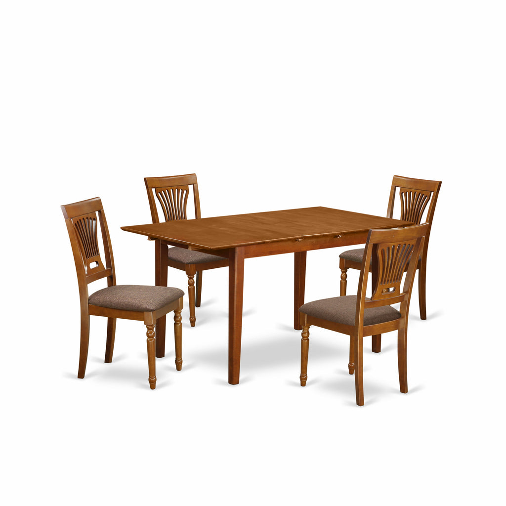 East West Furniture PSPL5-SBR-C 5 Piece Kitchen Table & Chairs Set Includes a Rectangle Dining Room Table with Butterfly Leaf and 4 Linen Fabric Upholstered Chairs, 32x60 Inch, Saddle Brown