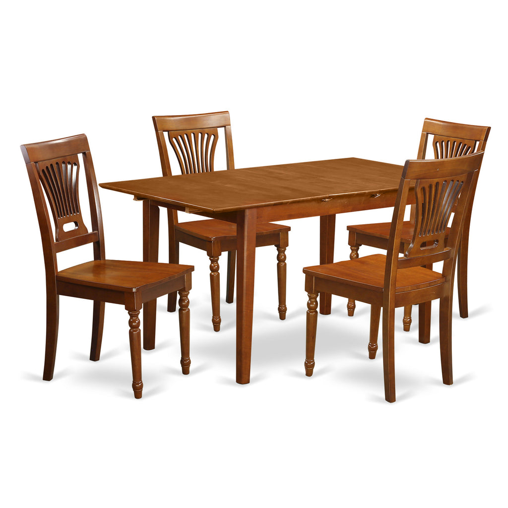 East West Furniture PSPL5-SBR-W 5 Piece Modern Dining Table Set Includes a Rectangle Wooden Table with Butterfly Leaf and 4 Dining Chairs, 32x60 Inch, Saddle Brown