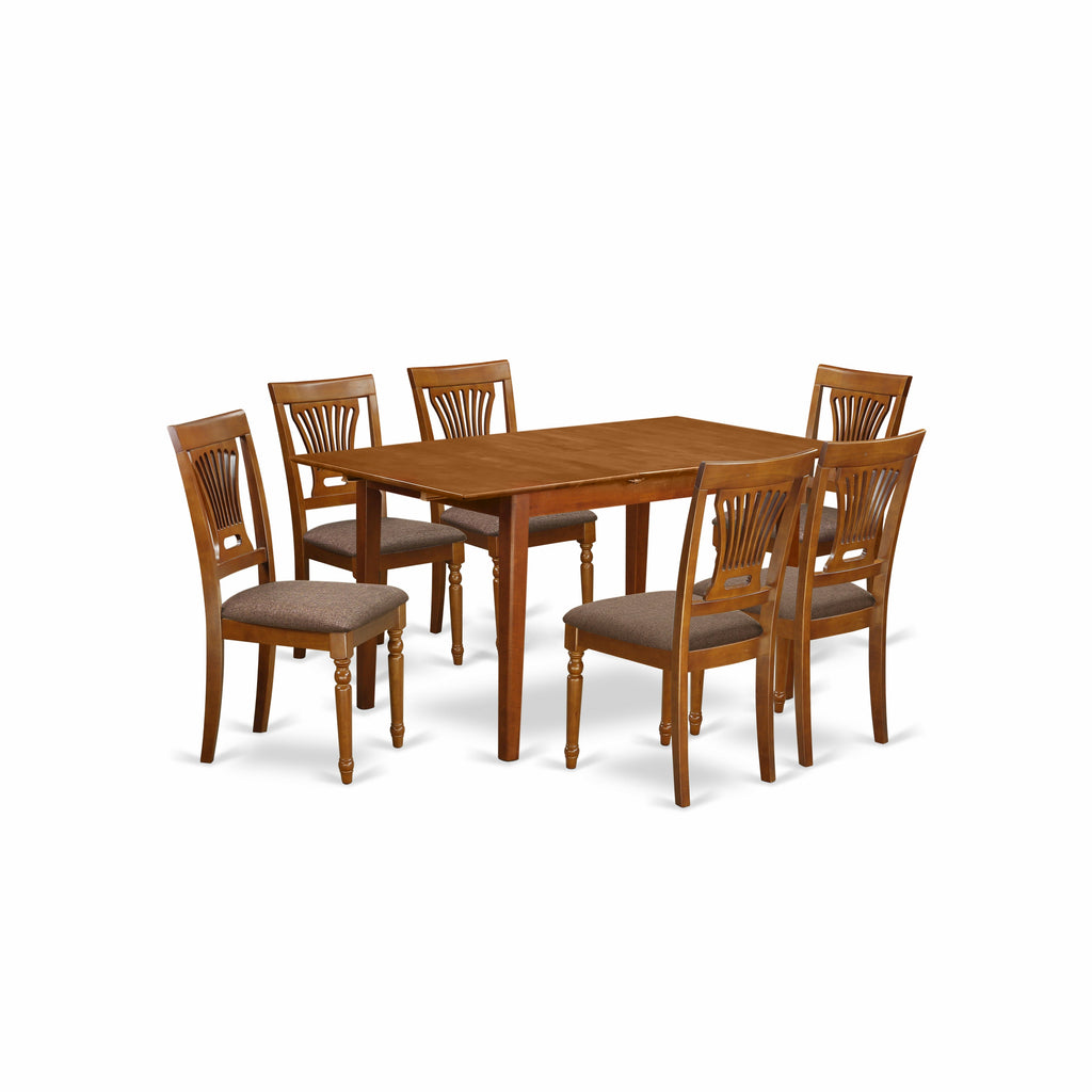 East West Furniture PSPL7-SBR-C 7 Piece Dining Table Set Consist of a Rectangle Dining Room Table with Butterfly Leaf and 6 Linen Fabric Upholstered Chairs, 32x60 Inch, Saddle Brown