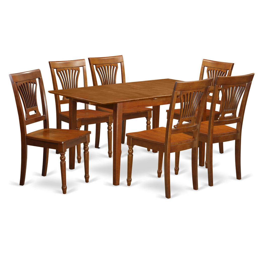 East West Furniture PSPL7-SBR-W 7 Piece Dining Set Consist of a Rectangle Dining Room Table with Butterfly Leaf and 6 Wood Seat Chairs, 32x60 Inch, Saddle Brown