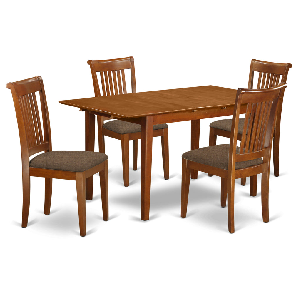 East West Furniture PSPO5-SBR-C 5 Piece Dining Room Table Set Includes a Rectangle Kitchen Table with Butterfly Leaf and 4 Linen Fabric Upholstered Dining Chairs, 32x60 Inch, Saddle Brown