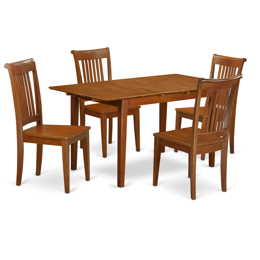 East West Furniture PSPO5-SBR-W 5 Piece Dining Set Includes a Rectangle Dining Room Table with Butterfly Leaf and 4 Wood Seat Chairs, 32x60 Inch, Saddle Brown