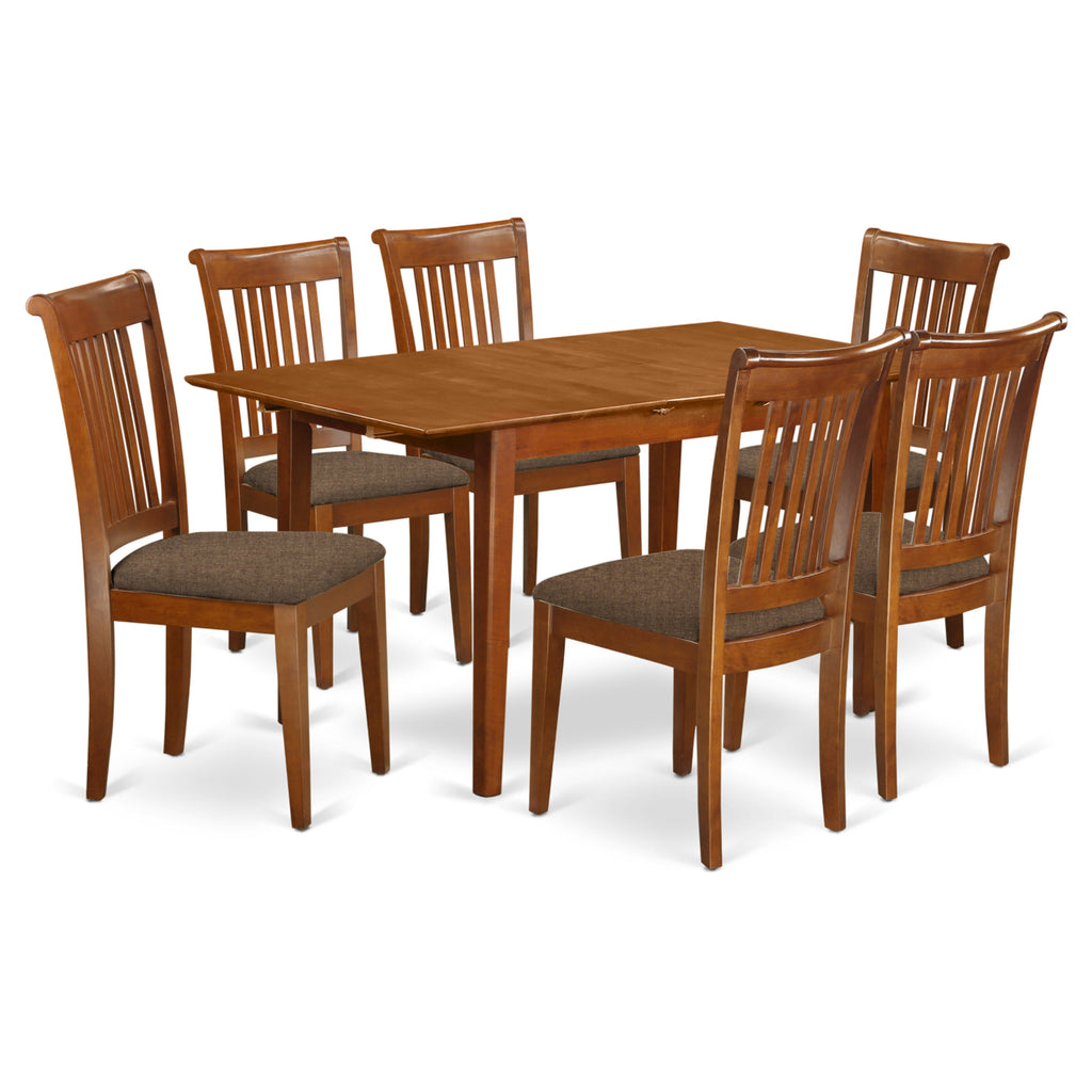 East West Furniture PSPO7-SBR-C 7 Piece Dinette Set Consist of a Rectangle Dining Room Table with Butterfly Leaf and 6 Linen Fabric Upholstered Dining Chairs, 32x60 Inch, Saddle Brown