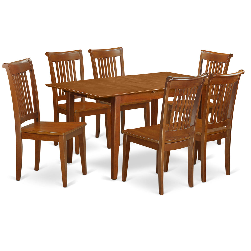 East West Furniture PSPO7-SBR-W 7 Piece Dining Set Consist of a Rectangle Dining Room Table with Butterfly Leaf and 6 Wood Seat Chairs, 32x60 Inch, Saddle Brown