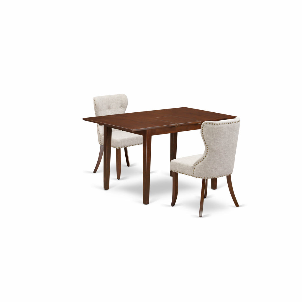East West Furniture PSSI3-MAH-35 3 Piece Kitchen Table Set Contains a Rectangle Dining Table with Butterfly Leaf and 2 Doeskin Linen Fabric Upholstered Chairs, 32x60 Inch, Mahogany