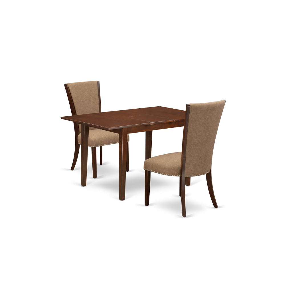 East West Furniture PSVE3-MAH-47 3 Piece Kitchen Table Set Contains a Rectangle Dining Table with Butterfly leaf and 2 Light Sable Linen Fabric Upholstered Chairs, 32x60 Inch, Mahogany