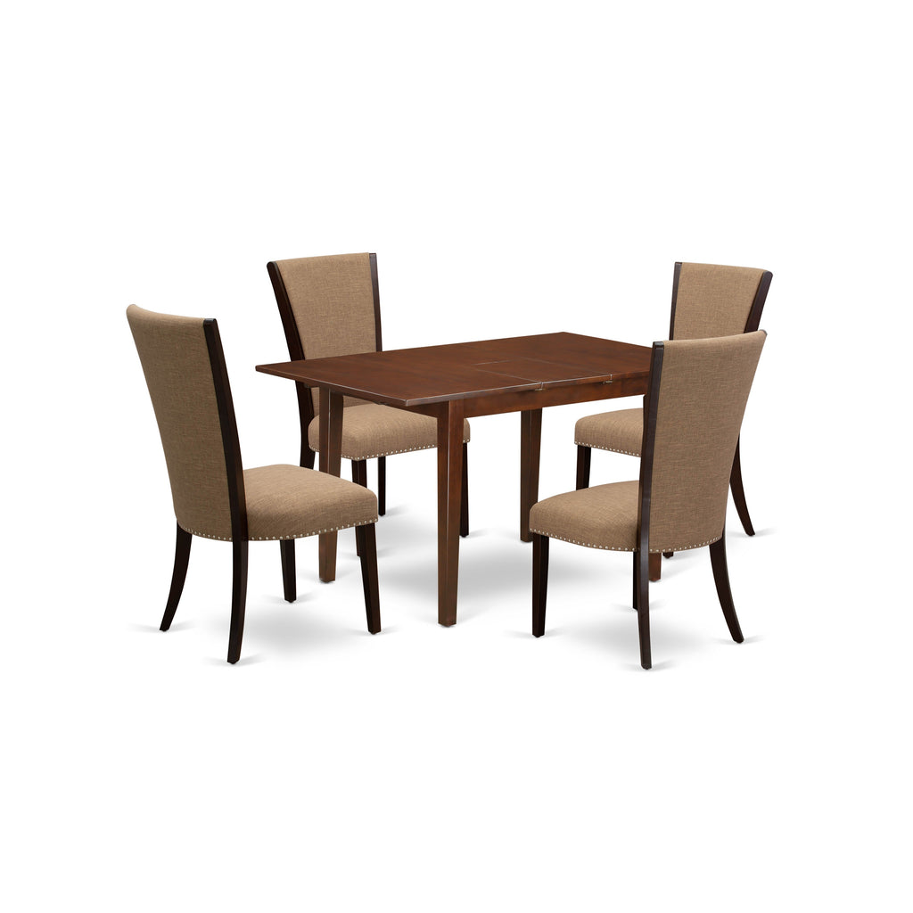 East West Furniture PSVE5-MAH-47 5 Piece Dining Set Includes a Rectangle Dining Room Table with Butterfly Leaf and 4 Light Sable Linen Fabric Upholstered Chairs, 32x60 Inch, Mahogany