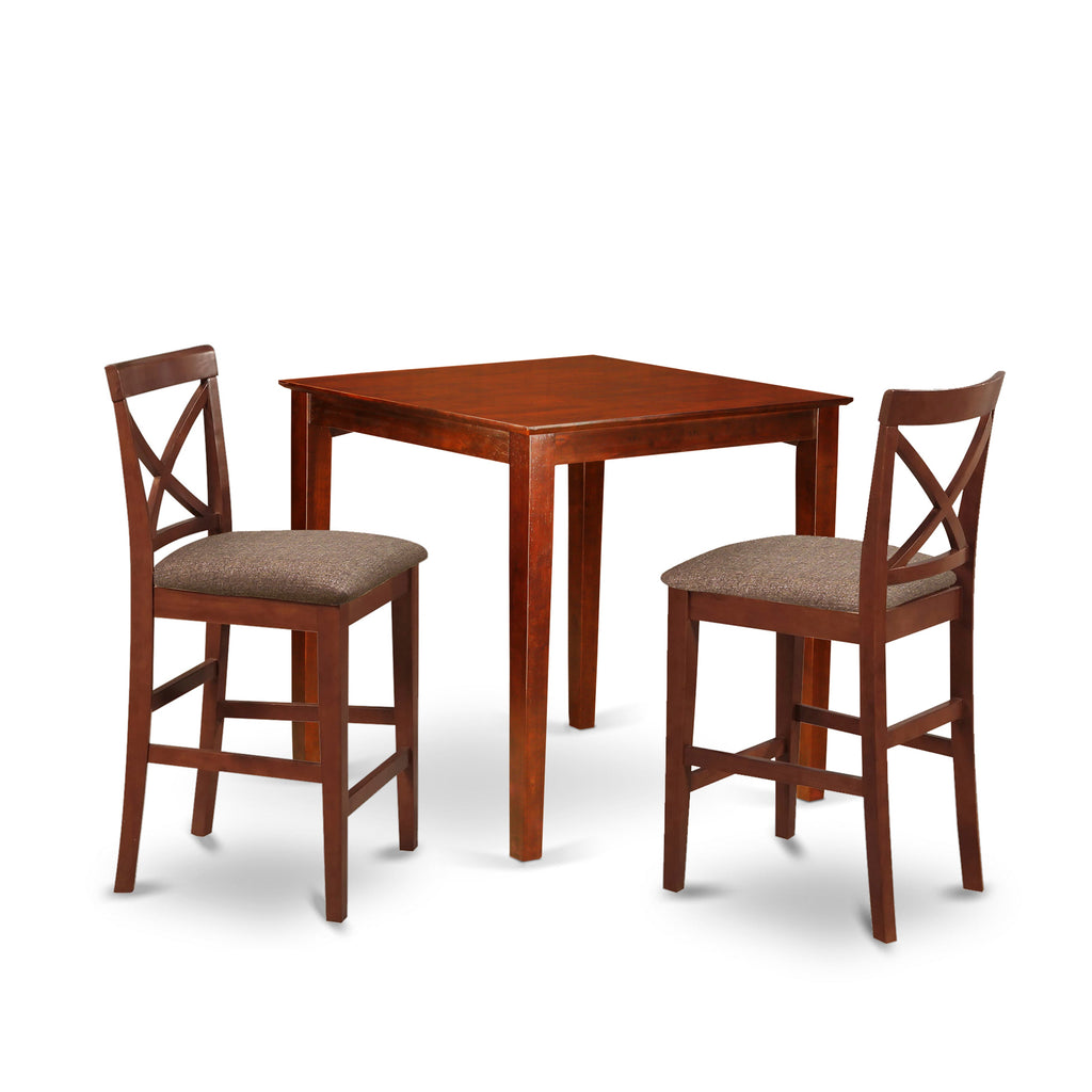 East West Furniture PUBS3-BRN-C 3 Piece Counter Height Dining Set for Small Spaces Contains a Square Kitchen Table and 2 Linen Fabric Dining Room Chairs, 36x36 Inch, Brown