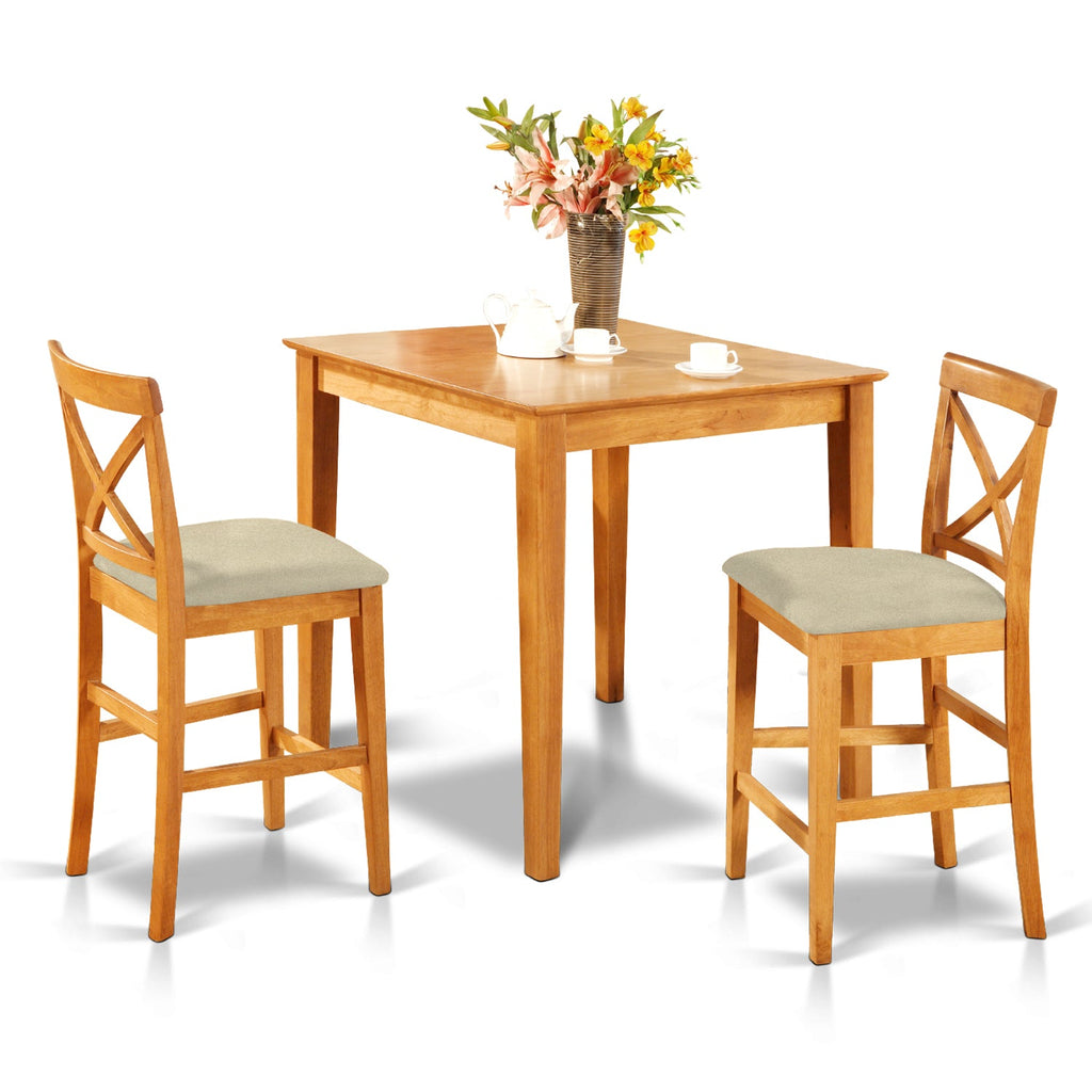 East West Furniture PUBS3-OAK-C 3 Piece Kitchen Counter Set for Small Spaces Contains a Square Dining Table and 2 Linen Fabric Dining Room Chairs, 36x36 Inch, Oak