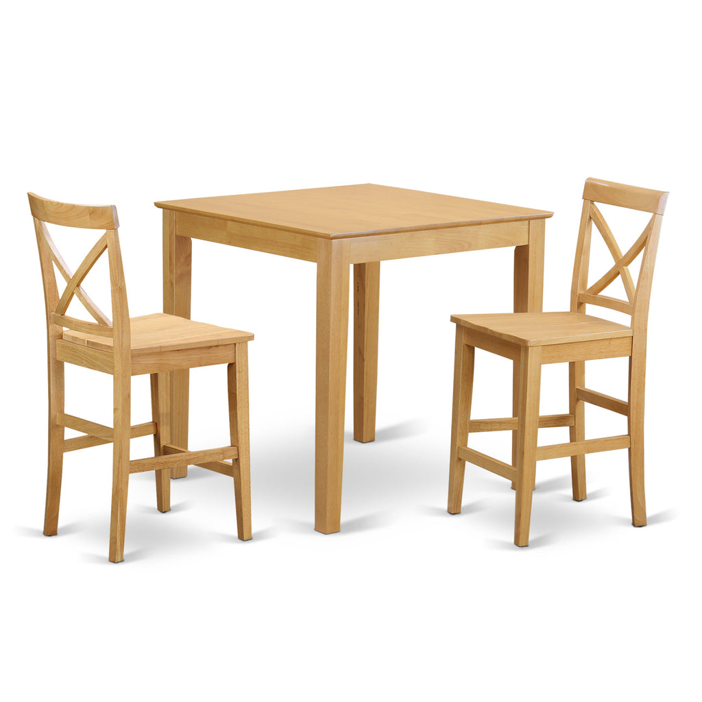 East West Furniture PUBS3-OAK-W 3 Piece Counter Height Dining Set for Small Spaces Contains a Square Wooden Table and 2 Kitchen Chairs, 36x36 Inch, Oak