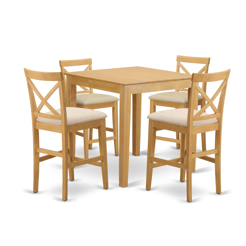 East West Furniture PUBS5-OAK-C 5 Piece Counter Height Dining Set Includes a Square Dinette Table and 4 Linen Fabric Kitchen Dining Chairs, 36x36 Inch, Oak