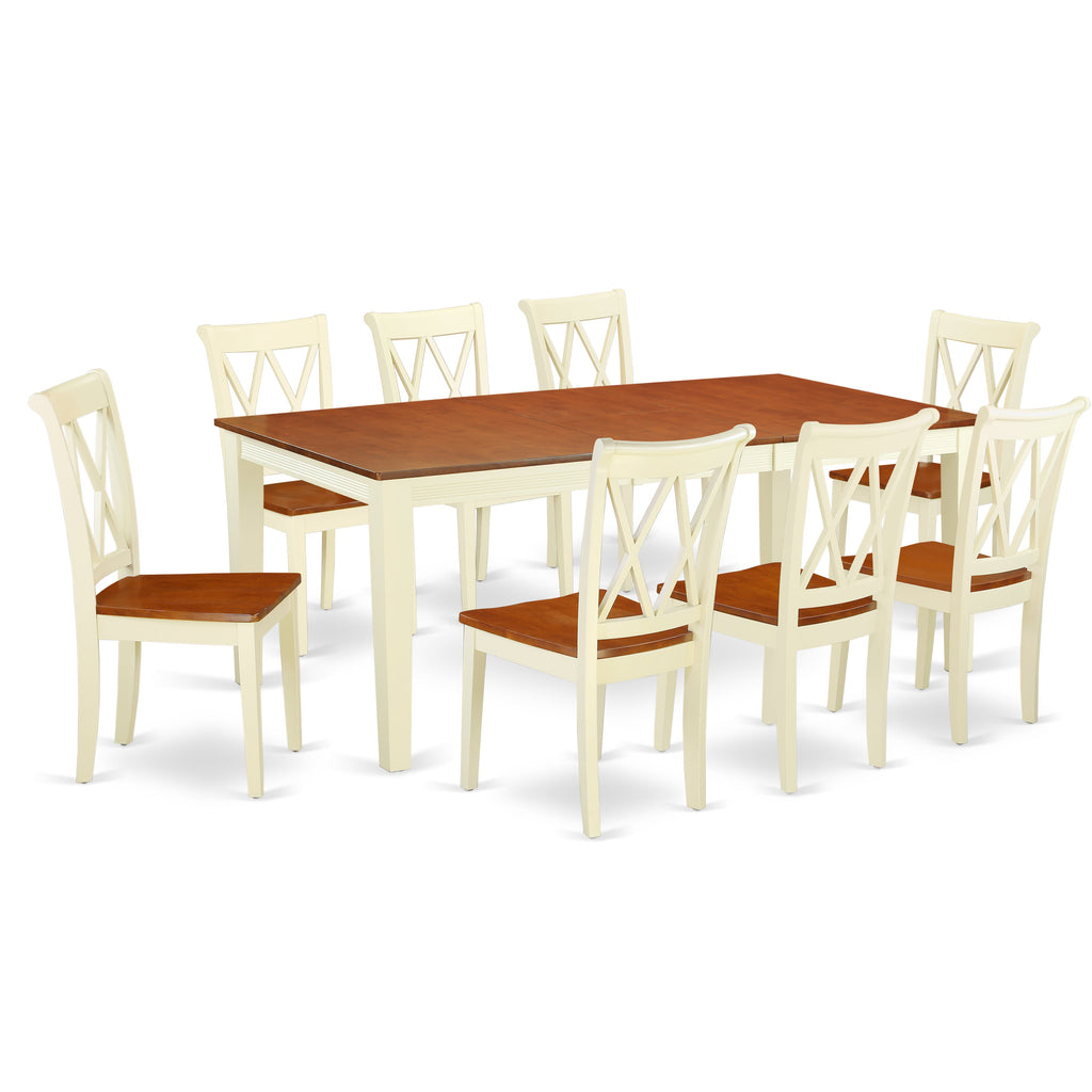 East West Furniture QUCL9-BMK-W 9 Piece Dining Room Furniture Set Includes a Rectangle Kitchen Table with Butterfly Leaf and 8 Dining Chairs, 40x78 Inch, Buttermilk & Cherry