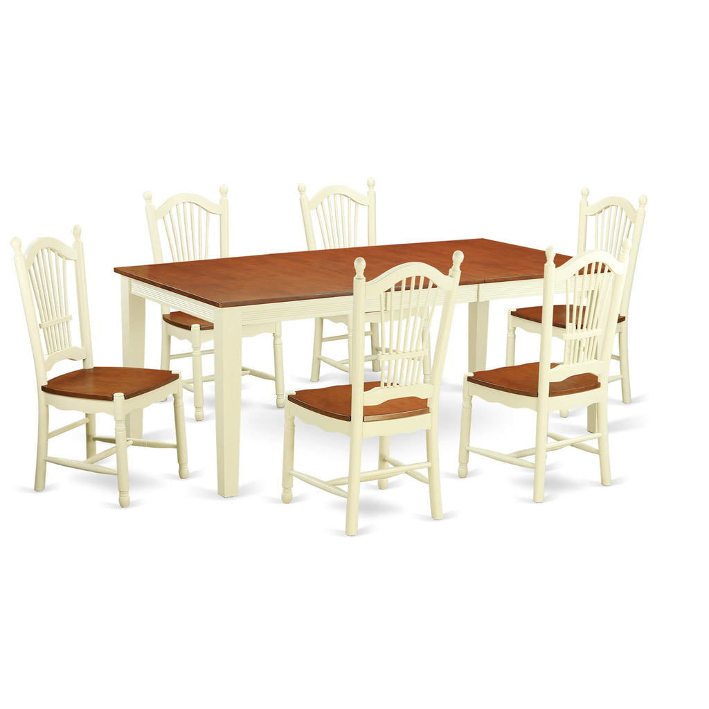 East West Furniture QUDO7-WHI-W 7 Piece Kitchen Table & Chairs Set Consist of a Rectangle Dining Room Table with Butterfly Leaf and 6 Solid Wood Seat Chairs, 40x78 Inch, Buttermilk & Cherry