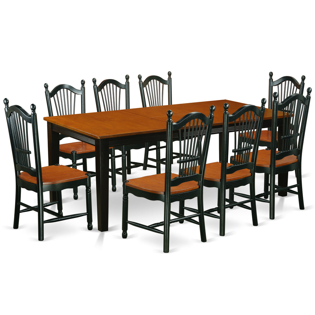 East West Furniture QUDO9-BCH-W 9 Piece Dining Table Set Includes a Rectangle Dining Room Table with Butterfly Leaf and 8 Wooden Seat Chairs, 40x78 Inch, Black & Cherry