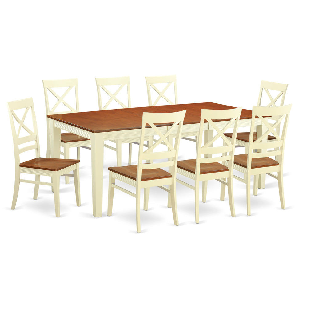 East West Furniture QUIN9-WHI-W 9 Piece Dining Table Set Includes a Rectangle Dinner Table with Butterfly Leaf and 8 Dining Room Chairs, 40x78 Inch, Buttermilk & Cherry