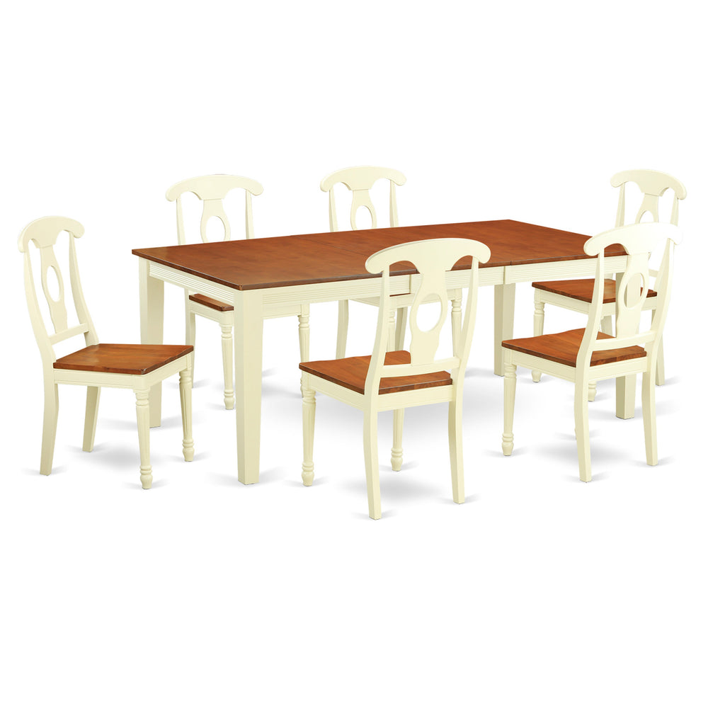 East West Furniture QUKE7-WHI-W 7 Piece Dining Room Furniture Set Consist of a Rectangle Kitchen Table with Butterfly Leaf and 6 Dining Chairs, 40x78 Inch, Buttermilk & Cherry